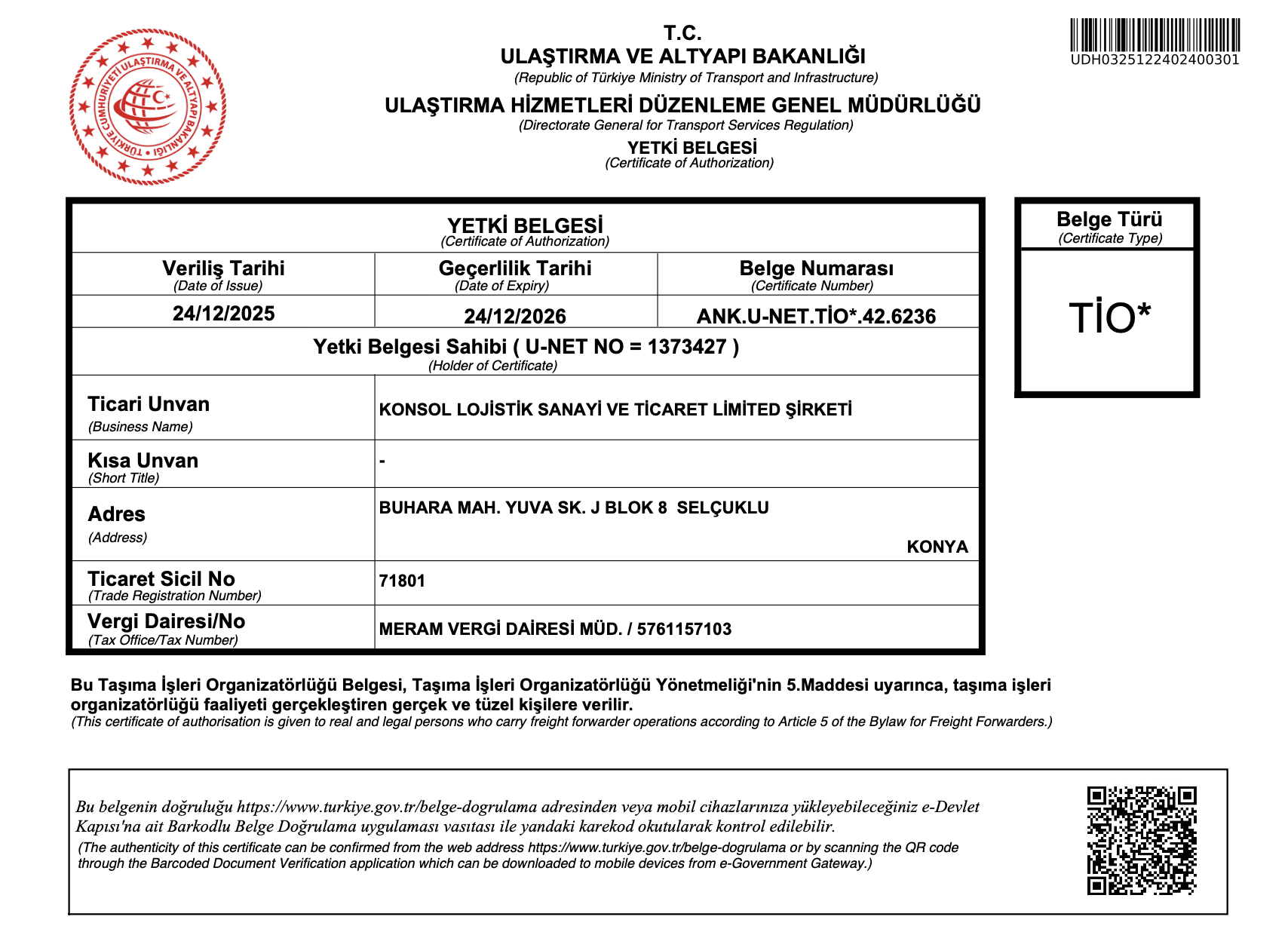 TIO Belgemizi Aldık